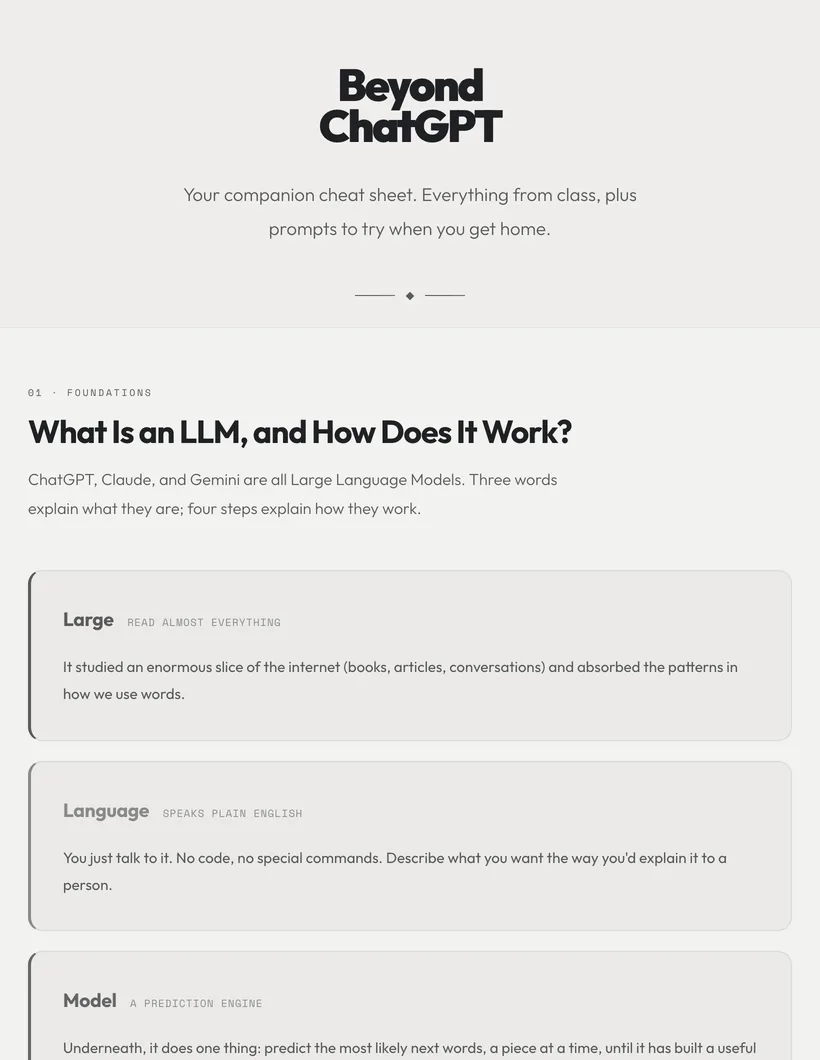 Page one of the class cheat sheet, Beyond ChatGPT: what a large language model is and how it works.